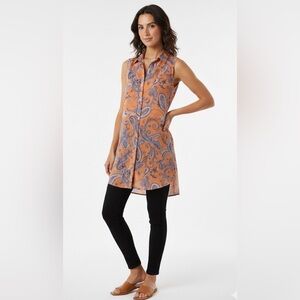 Melanie Lyne Mixed Paisley Print Button Down Top Sheer Sleeveless Size 6 Orange